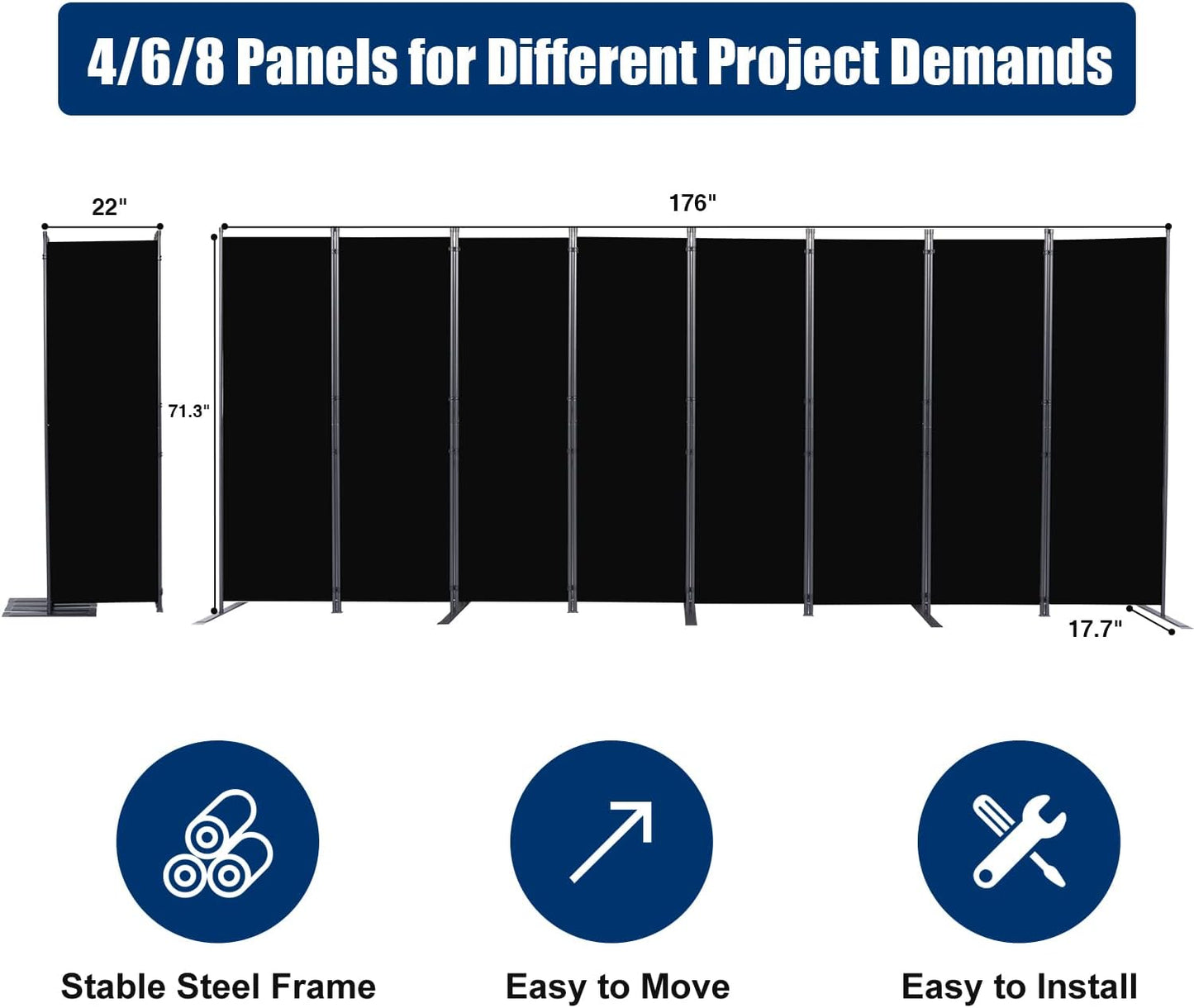 Room Divider 6FT Portable Room Dividers and Folding Privacy Screens, 176'' W Fabric Divider for Room Separation, 8 Panel Partition Room Dividers Freestanding Wall Divider Screen for Dorm Studio Office