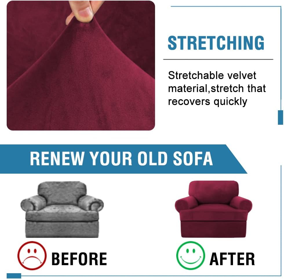 H.VERSAILTEX Sofa Cover 2 Piece T Cushion Armchair Slipcovers Velvet Couch Cover Furniture Protector Stretch T Cushion Sofa Covers for 1 Cushion Couch with 1 Individual T Cushion Covers, Burgundy