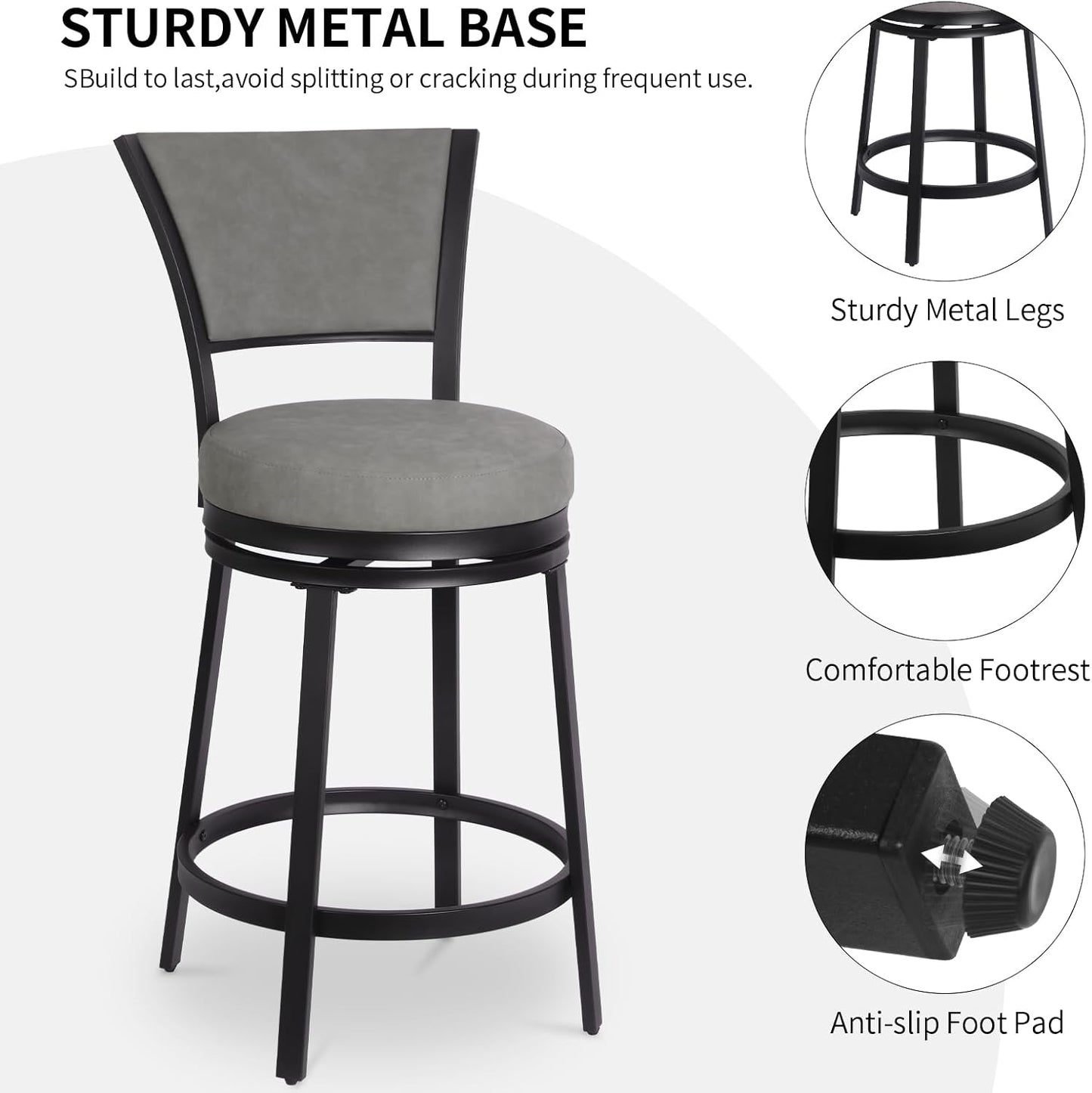 Bar Stools Set of 2, 25 Inch Metal Counter Height Bar Chairs, Modern Faux Leather 360° Round Swivel Barstools with Back, Counter Stools for Kitchen Island, Pub, Grey