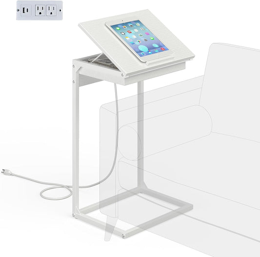 C Shaped End Table with Charging Station, 45° Tiltable Adjustable Flip Top Side Table with Storage,Small C Table for Small Spaces,Slide Under Couch Sofa Bedside Table for Living Room,White