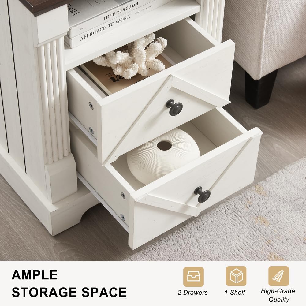 Farmhouse White Night Stand Set of 2, 18" Nightstand with Charging Station, Wood Rustic End Table, Roman Column Design, Modern Design Bedside Cabinet for Bedroom,Home, Antique White