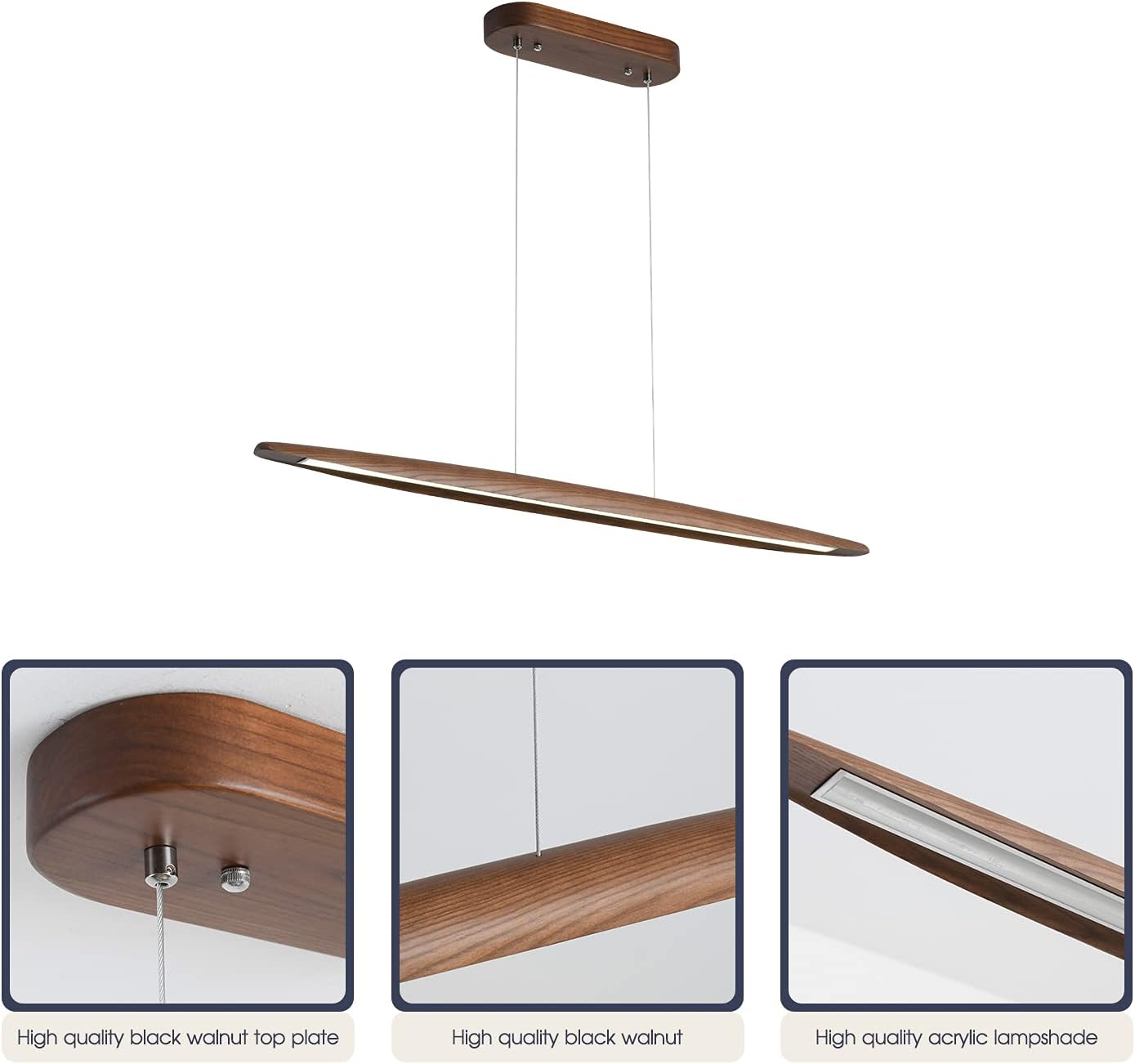 Wood Linear Pendant Hanging Light Fixture Minimalist Light Linear Chandelier Wood Kitchen Island Lighting 40w Dimmable for Dining Room Dining Table Living Room Pool Table Walnut Color