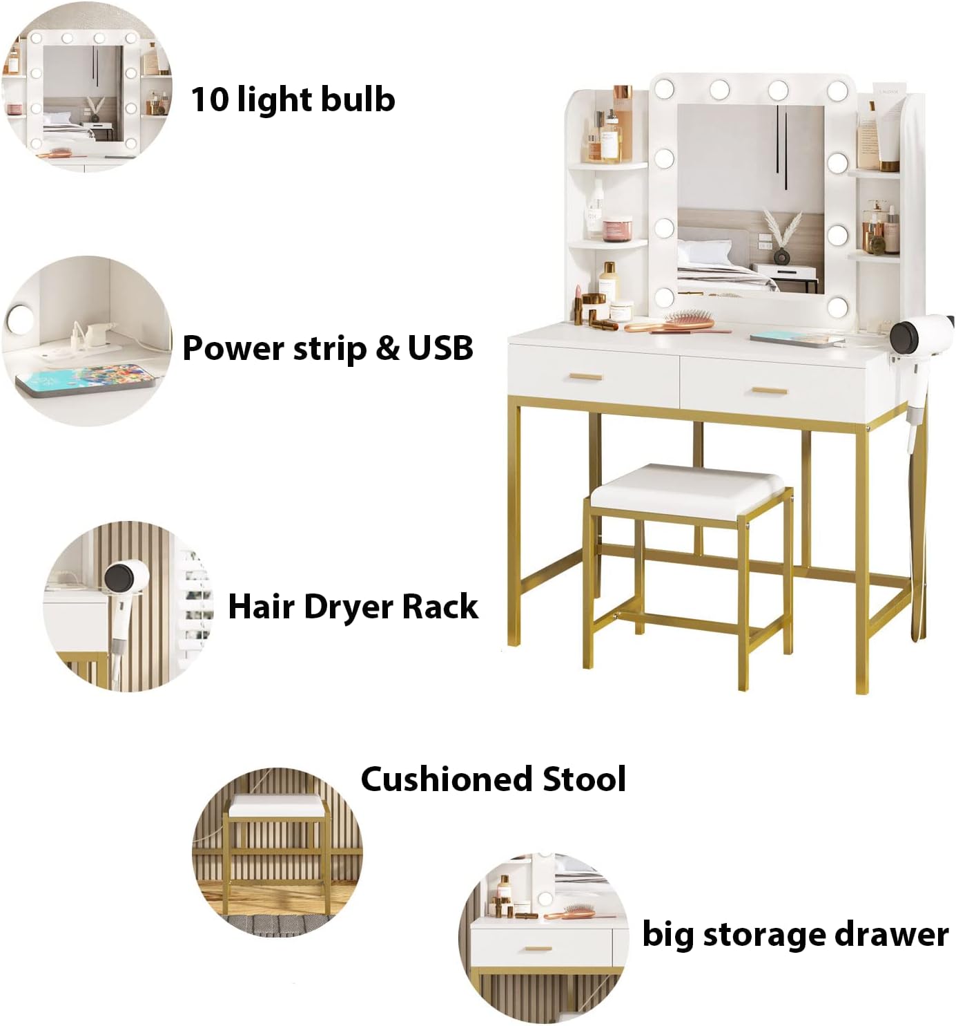 Vabches Vanity Desk with Mirror and Lights, with Charging Station,Makeup Vanity Table Set with Lighted Mirror, with 3 Lighting Modes and 2 Drawers&Cushioned Stool for Bedroom