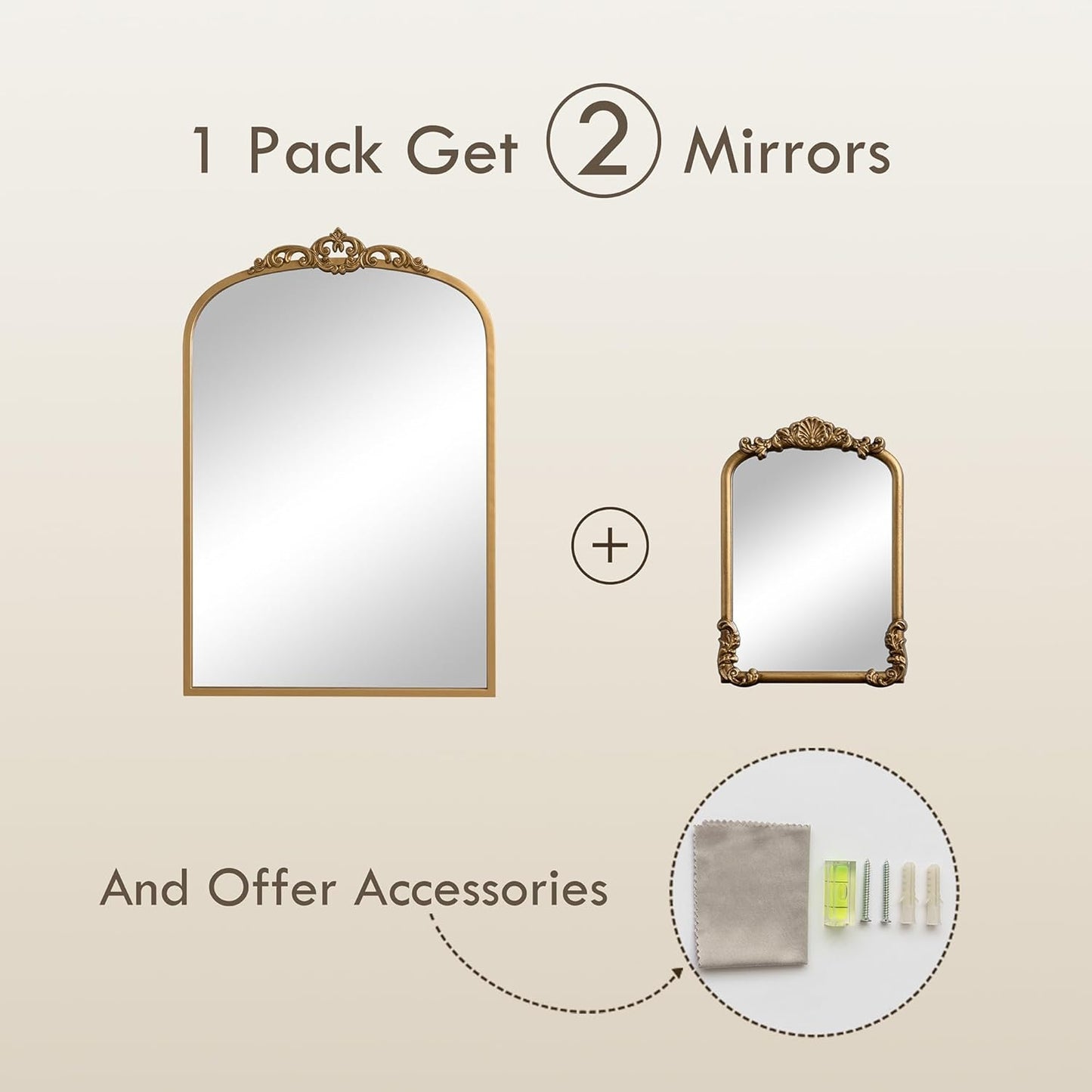 1 Set Vintage Mirror 20x30 Gold Antique Baroque Arched Ornate Traditional Brass Mirror and 8.5x12 Vintage Vanity Makeup Desk Table Mirror for Bathroom Entryway Living Room Hallway Fireplace