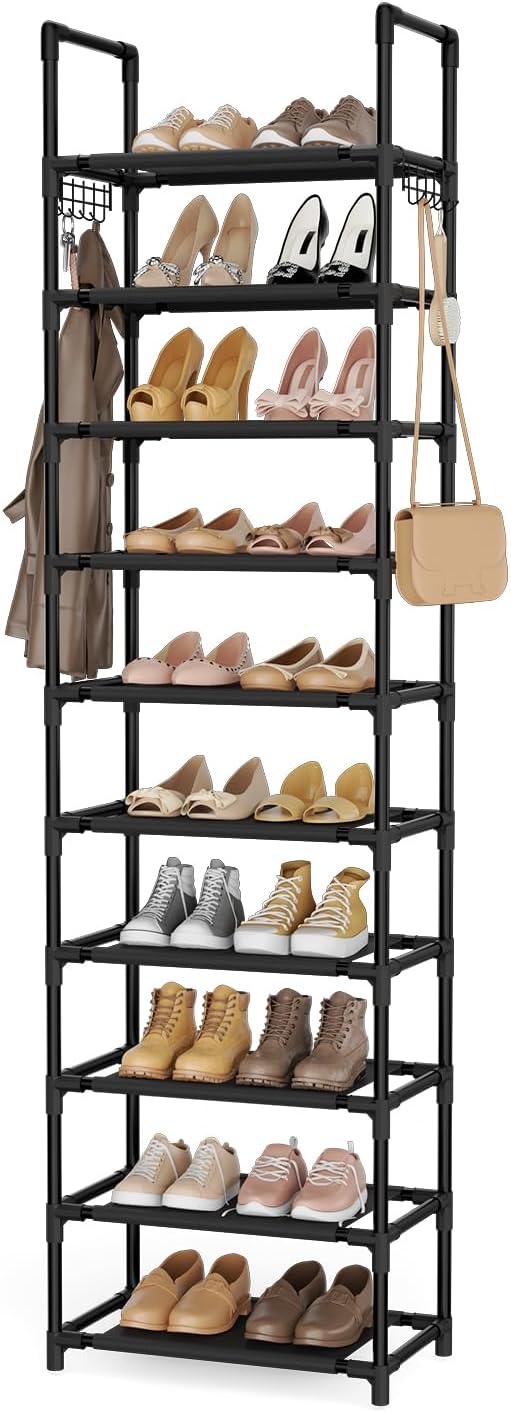 10 Tiers Shoe Rack 20-25 Pairs Large Capacity Tall Shoe Organizer Sturdy Shoe Storage with Two Hooks Metal Narrow Shoe Rack for Closet, Entryway, Bedroom, Black