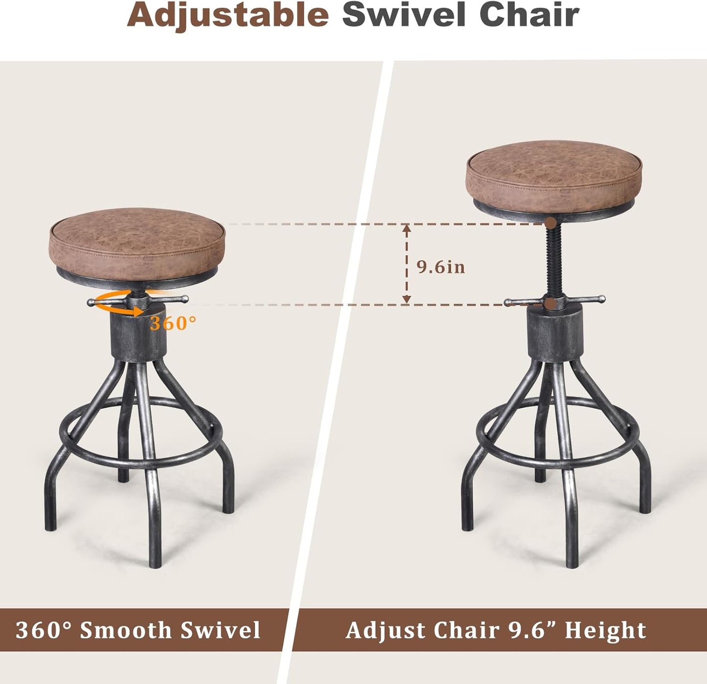 Industrial Bar Stools Swivel Pu Seat Vintage Kitchen Island Counter Stool 23-33inch Height Adjustable Rustic Shop Chair (Set of 2)