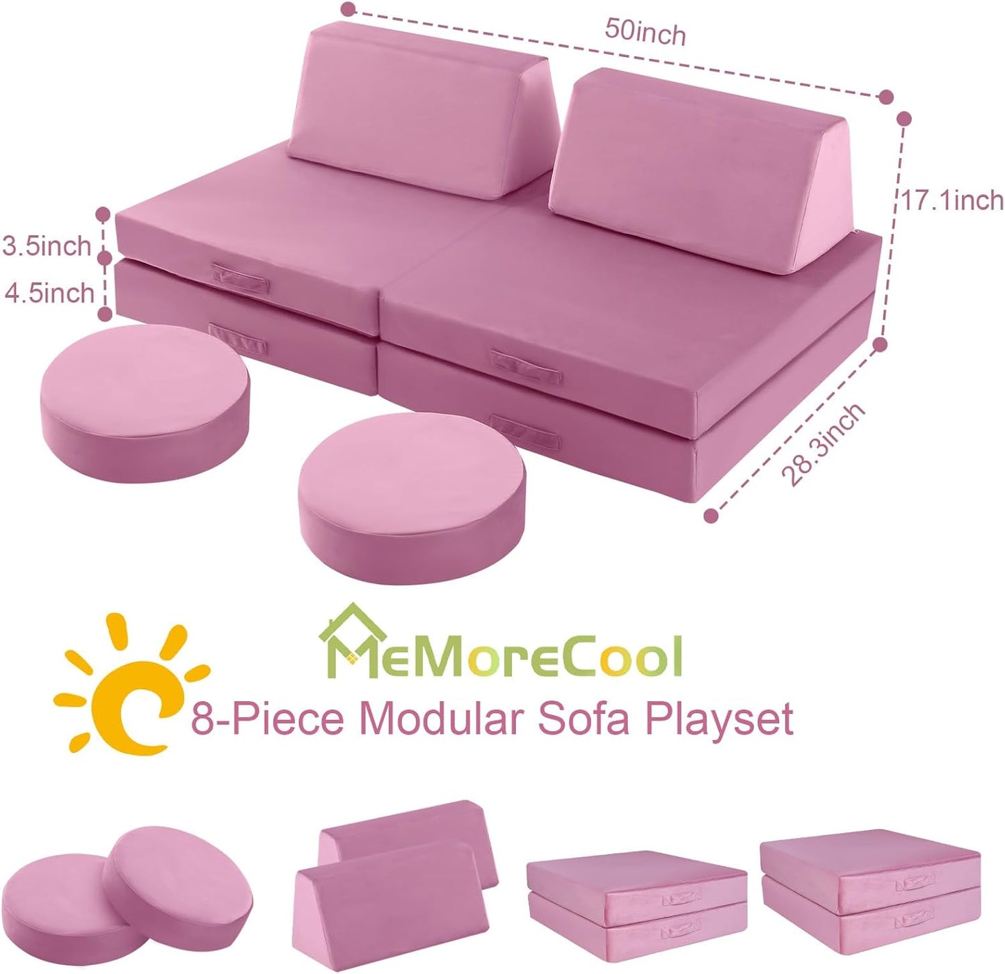 MeMoreCool 8-Piece Modular Kids Play Couch, Pink Convertible Foam Toddler Sofa Play Set for Playroom