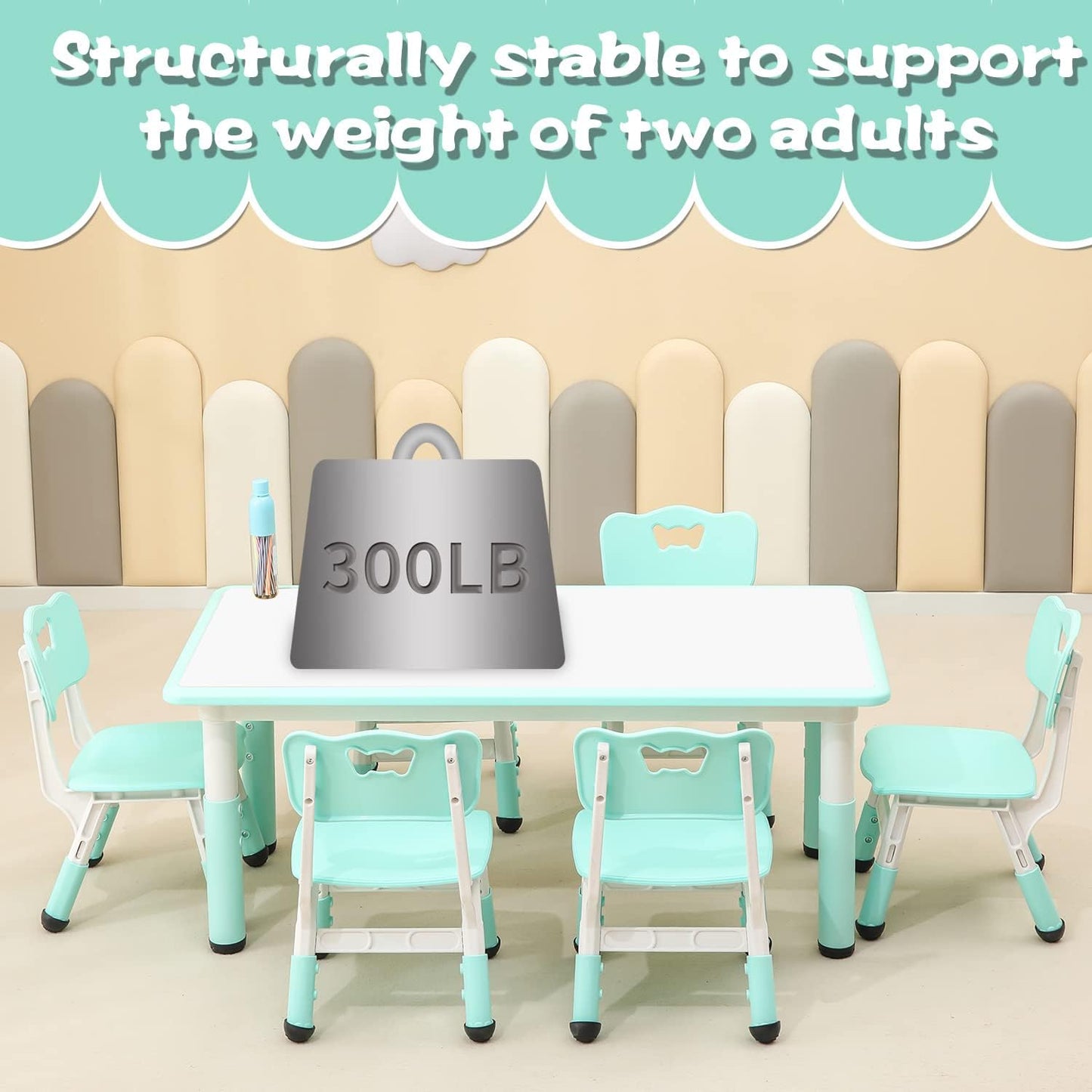 Children's Table and Chair Set Suitable for Boys and Girls Age 2-12 Height Adjustable Table top Can be Painted with 6 Seats Suitable for Family Learning Daily use (Mint Green)