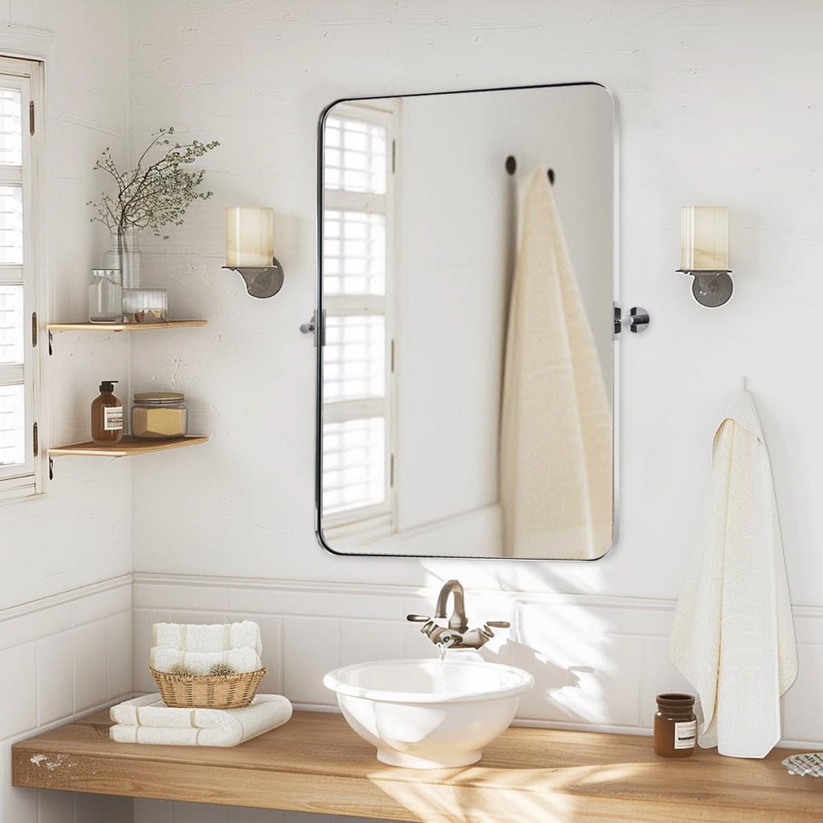MOON MIRROR Polished Chrome Pivot Mirror for Bathroom, Tilt Bathroom Rounded Rectangle, Overall 28.33 x 32 in (Mirror 24x 32 in)