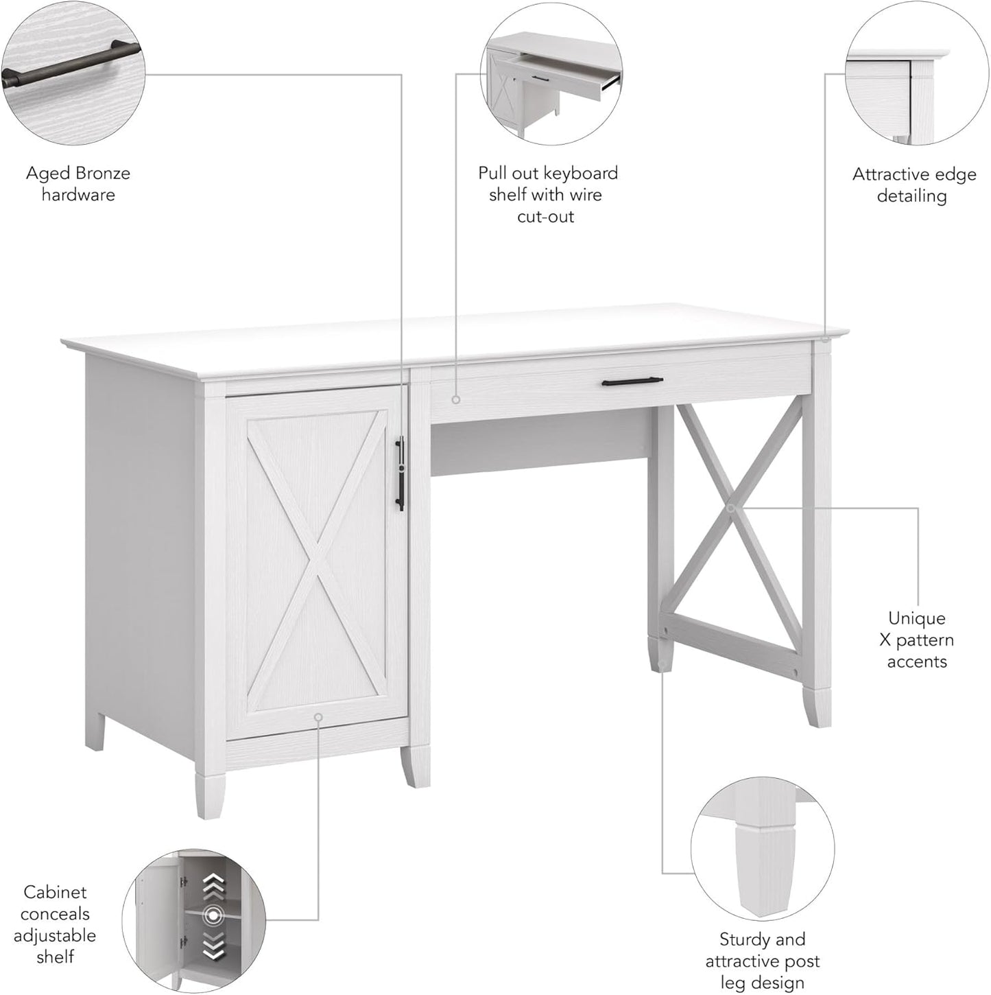 Bush Furniture Key West Computer Desk with Storage Farmhouse PC Table for Home Office in Pure White Oak 54W x 24D