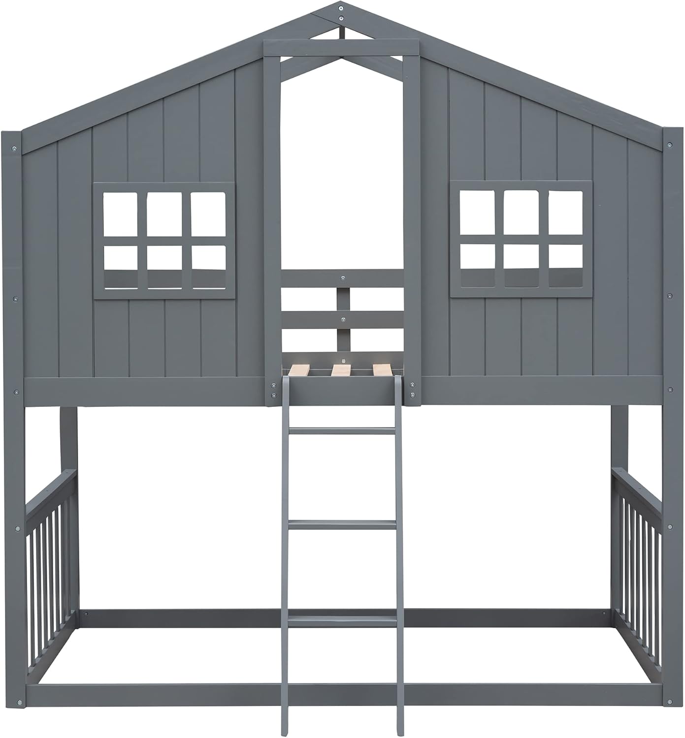 Ball & Cast Twin Over Twin Size House Bunk with Ladder and Window,Wood Bunkbed w/Full-Length Guard Rail & Ladder,Slat Support,Space Saving,Bedroom Furniture for Student Dorms,Gray