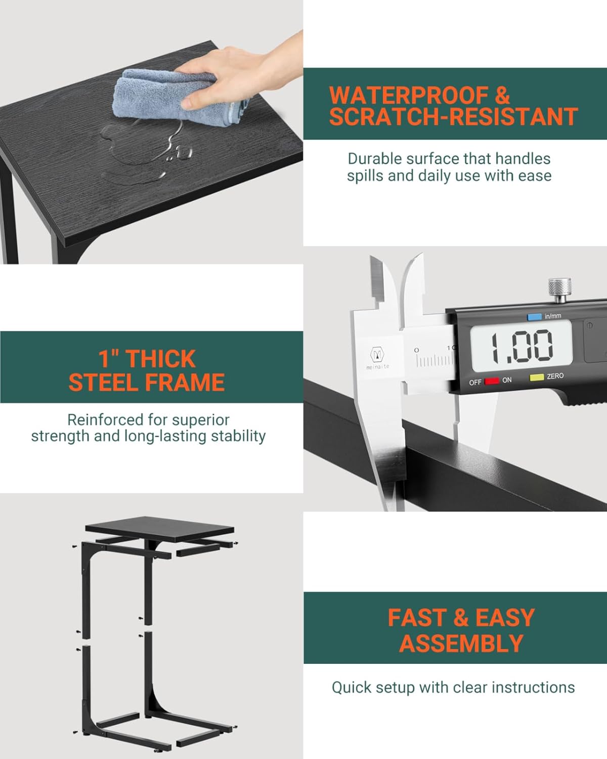 C-Shaped Side Table for Couch - Small Coffee Stand Sofa Tray Desk with Metal Frame and Waterproof Scratch Resistant, Modern End Accent for Living Room, Bedroom, Set of 2, Black