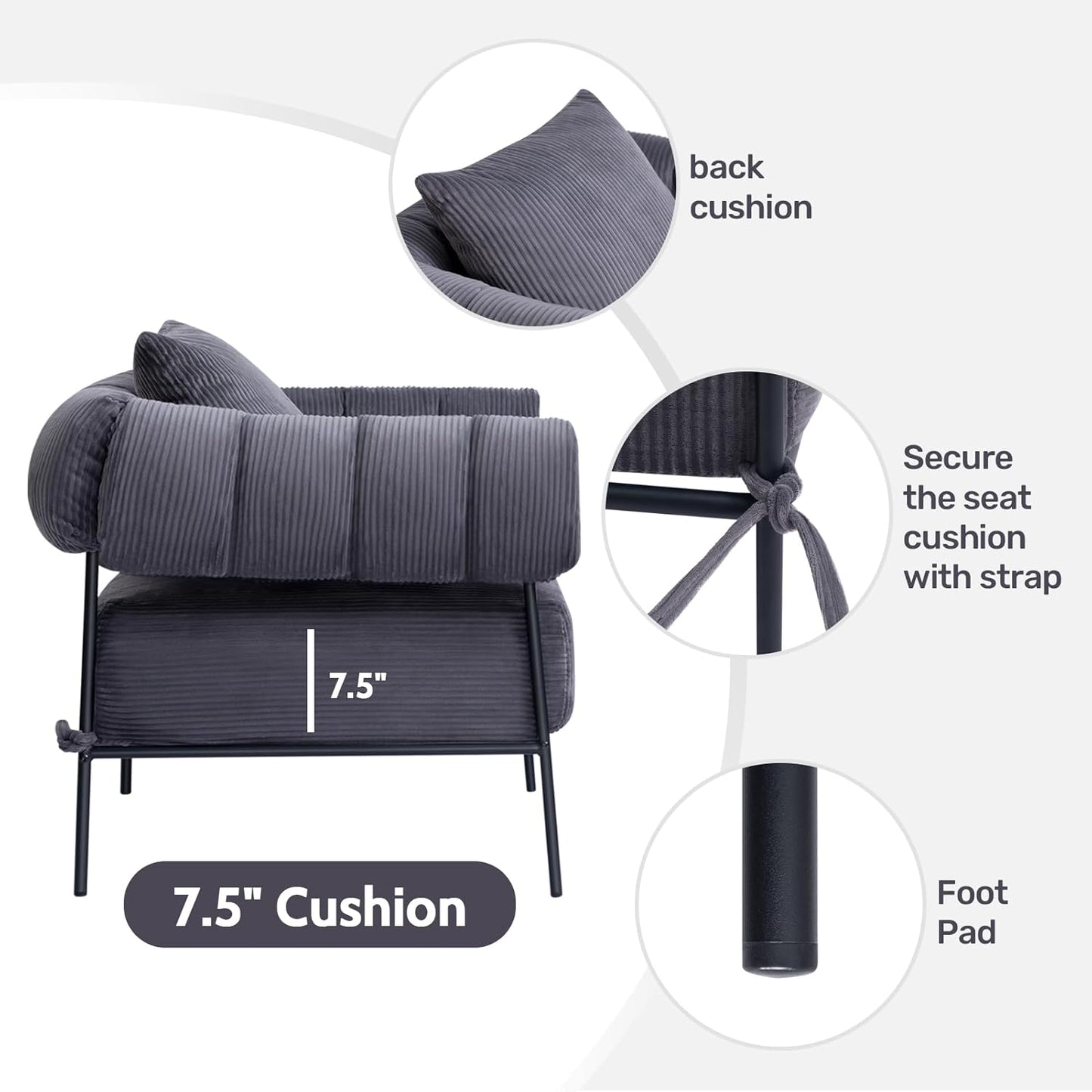 HollyHOME Modern Velvet Accent Chair, Upholstered Comfy Reading Chair, Fabric Large Lazy Arm Chair with Soft Cushion, Metal Frame Lounge Sofa Chair for Living Room, Bedroom, Balcony,Dark Grey