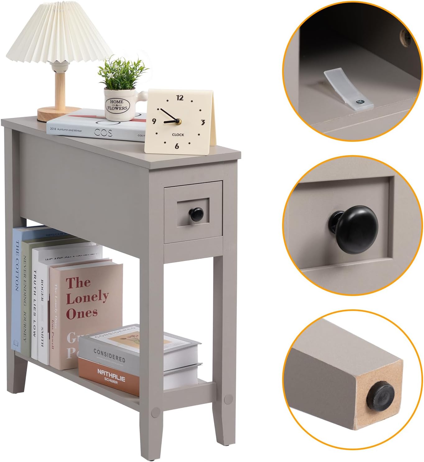 Gery 2 Pack Chairside Narrow End Table with Drawer, Solid Recliner Side Table with Storage Shelf, Slim Nightstand Bedside Table for Bedroom