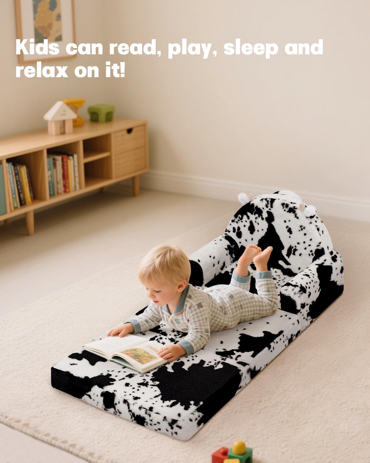 2-in-1 Toddler Chair and Couch – Soft Faux Rabbit Fur, Cow Pattern Design, Fold Out Seat for Reading & Nap, Ages 1–3