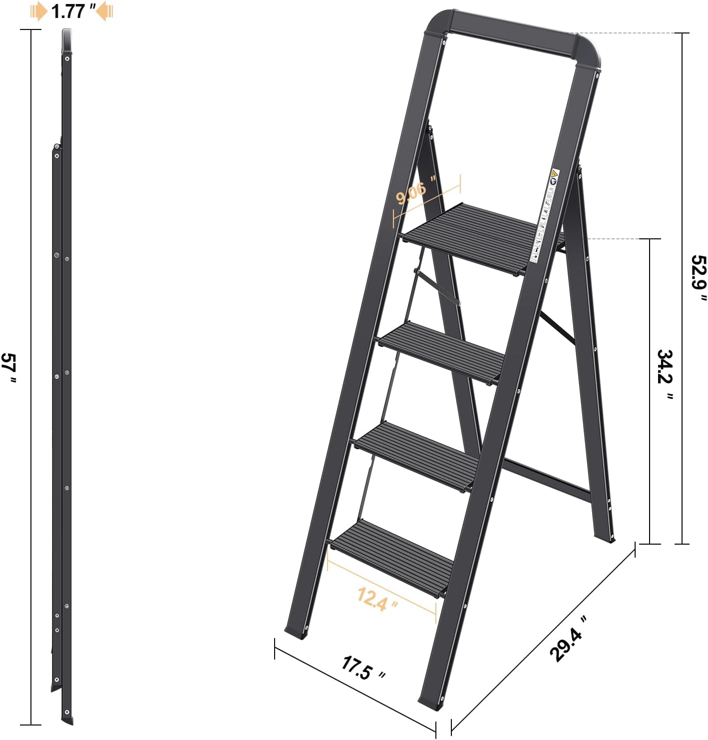 KINGRACK Aluminium 4 Step Ladder, Lightweight Step Stool with Non-Slip Pedals, Handrail, Foldable Step Ladder for Kitchen, Garage, Home, Space Saving, Sturdy and Portable, Black