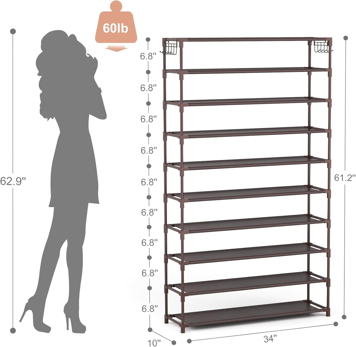 10 Tiers Shoe Rack 50 Pairs Large Capacity Tall Shoe Organizer Sturdy Shoe Storage with Two Hooks Space Saving Metal Wide Shoe Rack for Closet, Entryway, Bedroom, Brown
