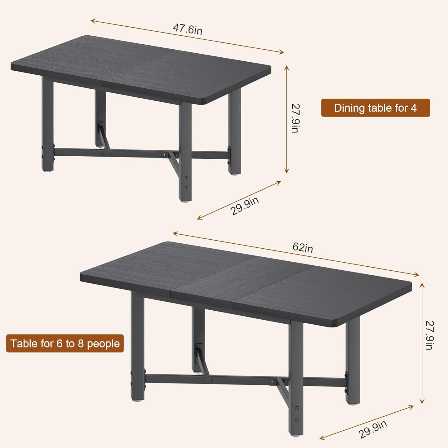 Dining Table for 4-6,62“Extendable Round Kitchen Dining Room Table, Space Saving Rectangle Large Expandable Wood Dinner Furniture for Small Space(47-62In*28In*30In) (Grey)