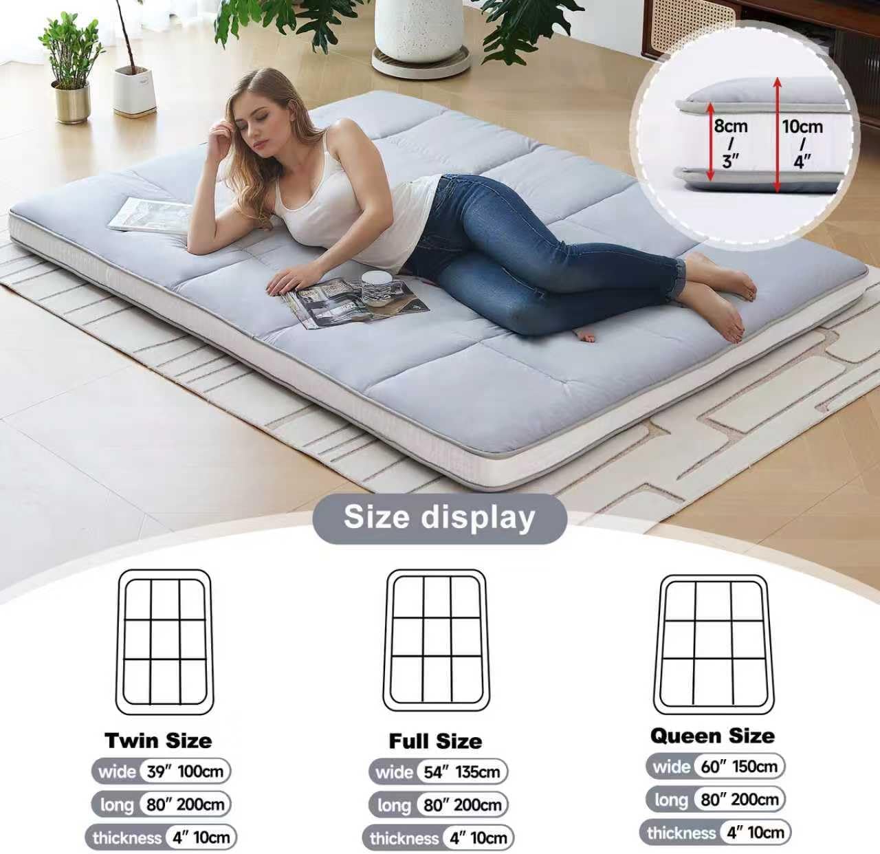 Tiita Japanese Floor Mattress Futon Mattress 4” Thick Folding Roll Up Sleeping Pad with Bag & Strap, Bed Topper Mat for Guest, Lounger and Tavel, Gray,Twin Size