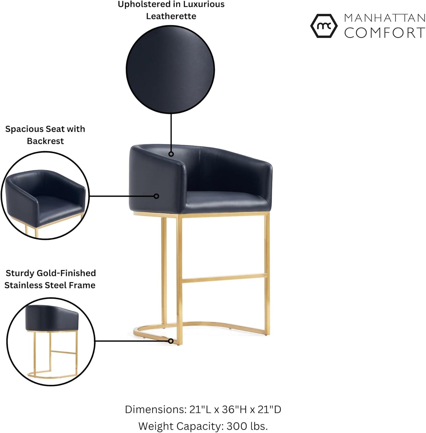 Manhattan Comfort Louvre 26 Inch Mid Century Modern Counter Height Bar Stools - Elegant Faux Leather Padded Seat, Stainless Steel Base with Footrest, Fully Assembled Barstools, Set of 1, Black & Gold