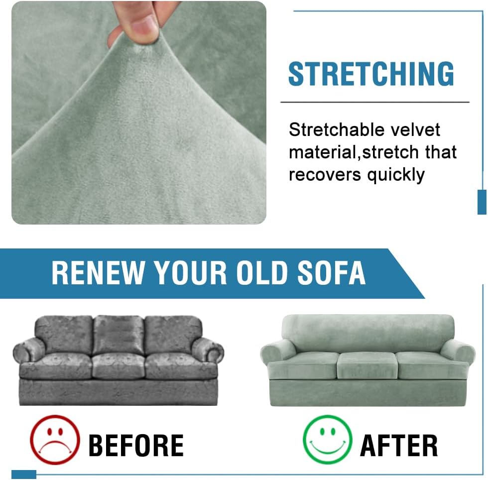 H.VERSAILTEX Sofa Cover 4 Piece T Cushion Sofa Slipcovers Thick Velvet Couch Cover Stretch T Cushion Sofa Covers for 3 Cushion Couch with 3 Individual T Cushion Covers Washable, Sea Grass