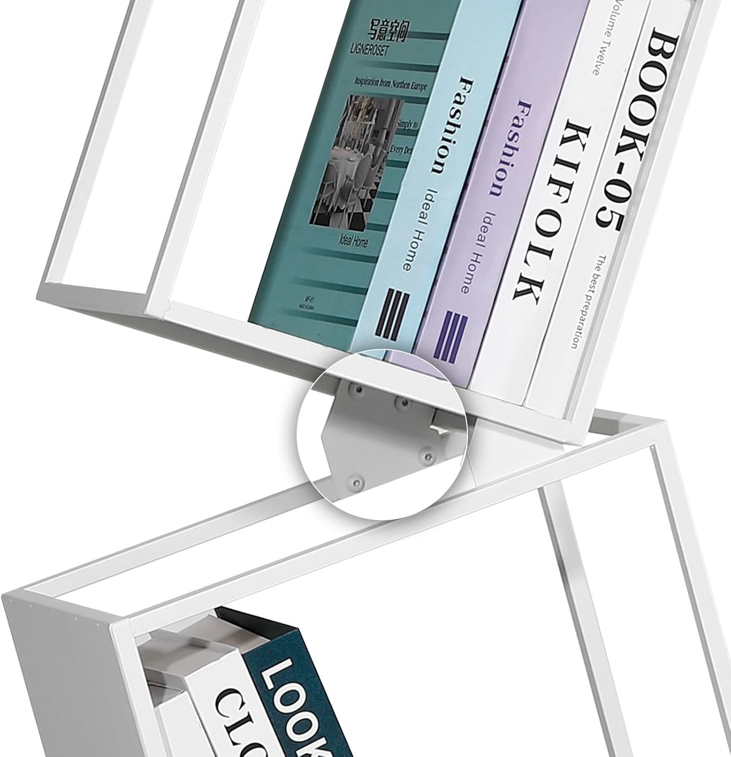 67-Inch 5-Tier Floating Bookshelf – Staggered Geometric Design, Freestanding Metal Storage & Display Rack for Home & Office (White)