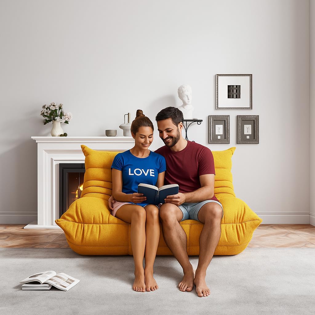 Bean Bag Chairs for Adults, BeanBag Reading Chair Memory Foam Couch, Floor Chair Soft Teddy Material, Comfy Reading Nook Chairs for Bedroom Living Room Office(Yellow)