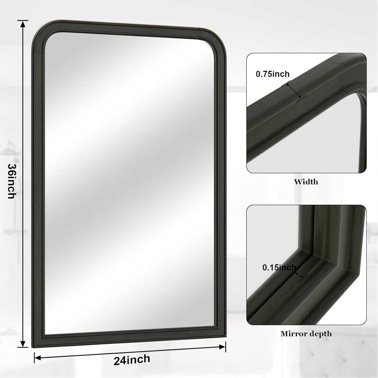 WallBeyond Wood Frame Bathroom Mirror 24" x 36" Wooden Arched Wall Mirror Farmhouse Style Bathroom Vanity Mirror for Home Decor Rectangle Mirror (Black)