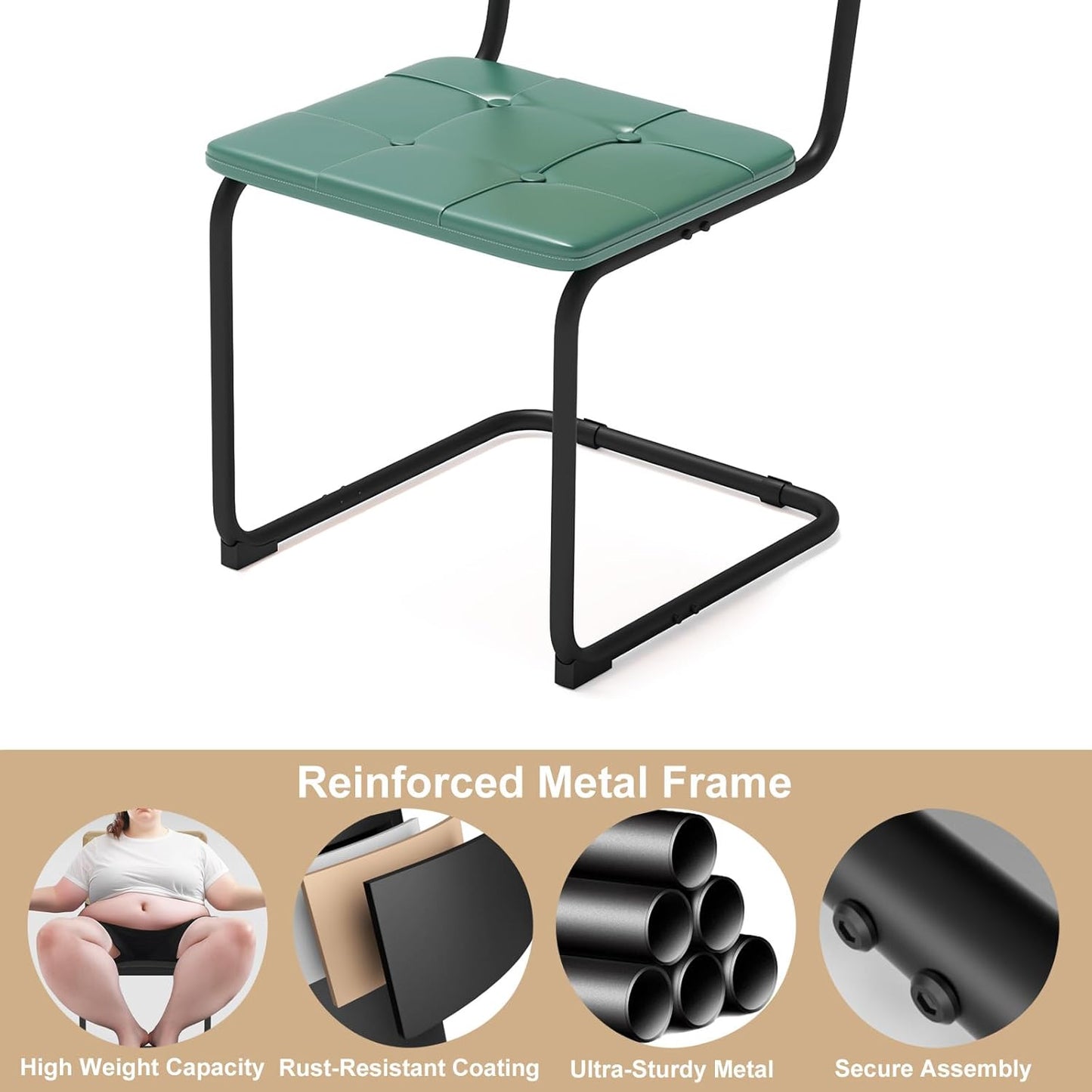 Heavy Duty Rattan Dining Chairs, Modern Dining Room Chairs with Solid Wood Back for Kitchen Living Room, High-end and Durable with Rattan Weaving, Upholstered Faux Leather Green