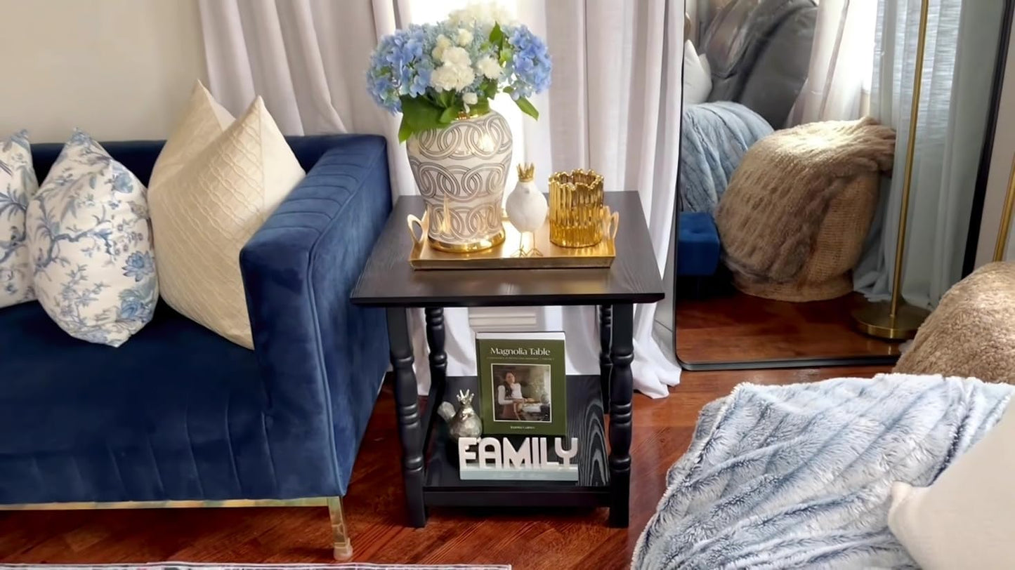 DWVO Farmhouse Square Coffee Table Set of 2, Antique Accent Side Table with Floor Shelf, 23.6"x 23.6" Living Room Furniture, Black