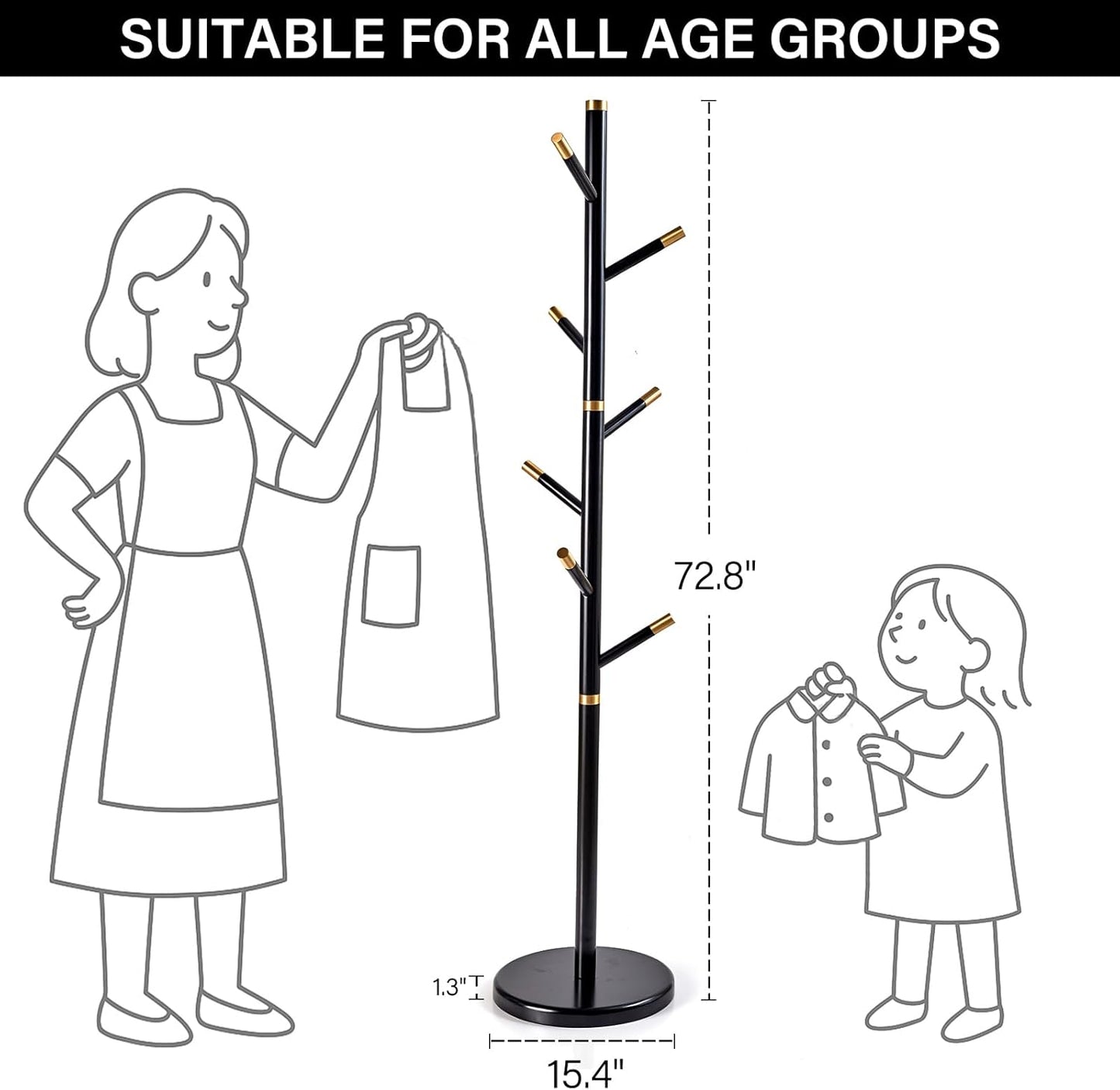 CozyDH Black Coat Rack Freestanding Solid Wood Coat Rack Stand, Coat Tree Freestanding with 7 Hooks Creative Tree Branch-look for Entryway, Hallway, Bedroom