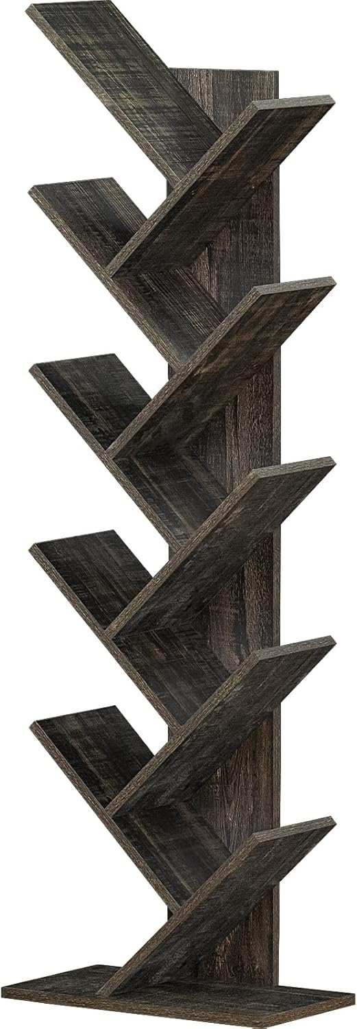 10 Tier Tree Book Shelf, Floor Standing Wood Bookshelf for Narrow Space, Storage Organizer Bookshelves for Books/CDs/Magazine, Bookcase with Shelves for Home Office, Living Room - Dark Grey