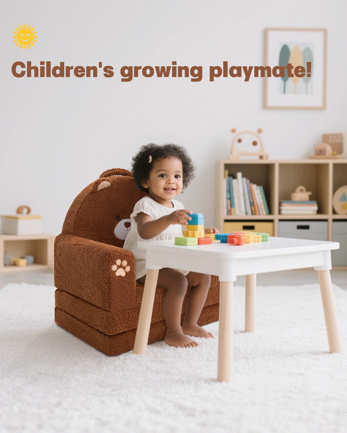 MOONBEEKI 2-in-1 Foldable Toddler Couch, Soft Sherpa Fabric with Washable Cover, Convertible Sofa to Lounger, Kids Sofa for Playroom, Bedroom, Living Room, Birthday Gift, Ages 1-3, Bear, Medium