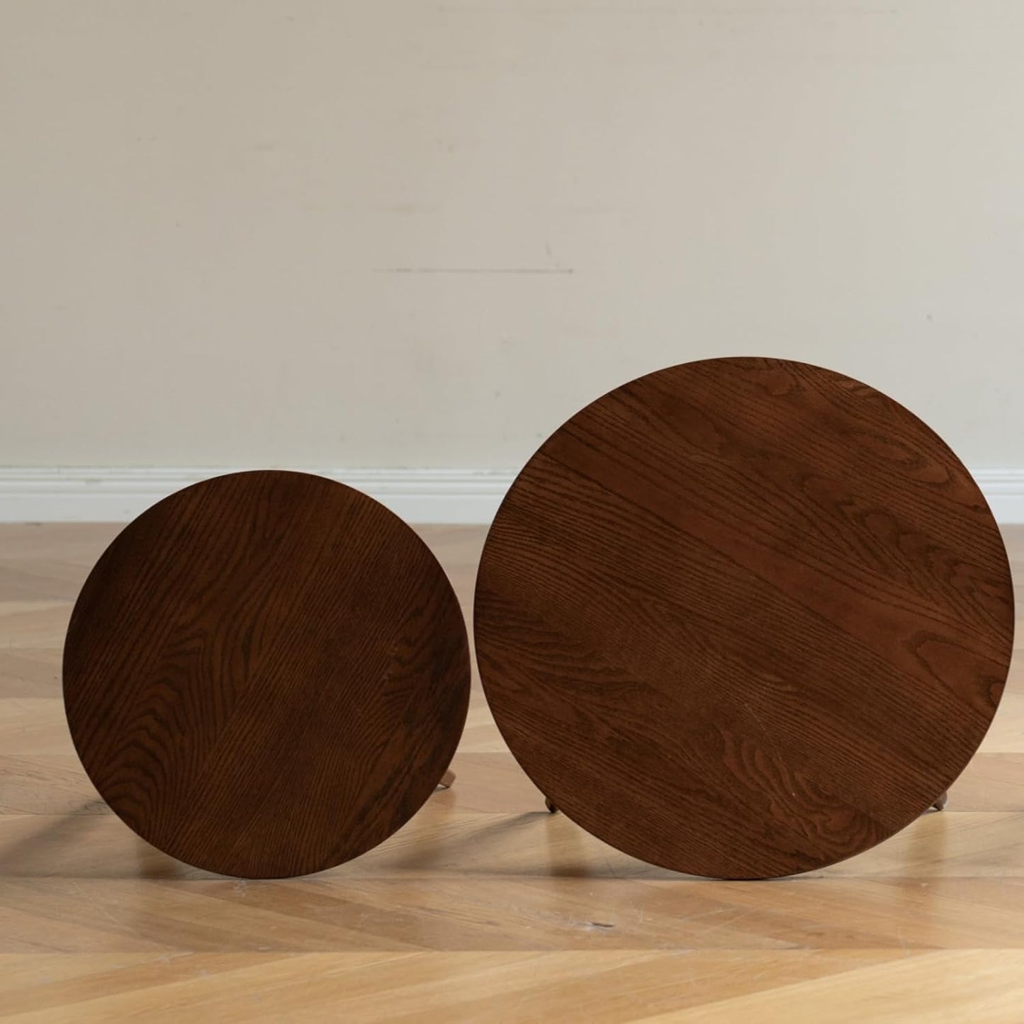 100% Solid Oak Wood Coffee Table Set, Round Coffee Table Combo Side Table w/Solid Wood Legs, Mid Century Table Sturdy Tables for Bedroom Balcony Living Room (Walnut, Small-Medium Combo)