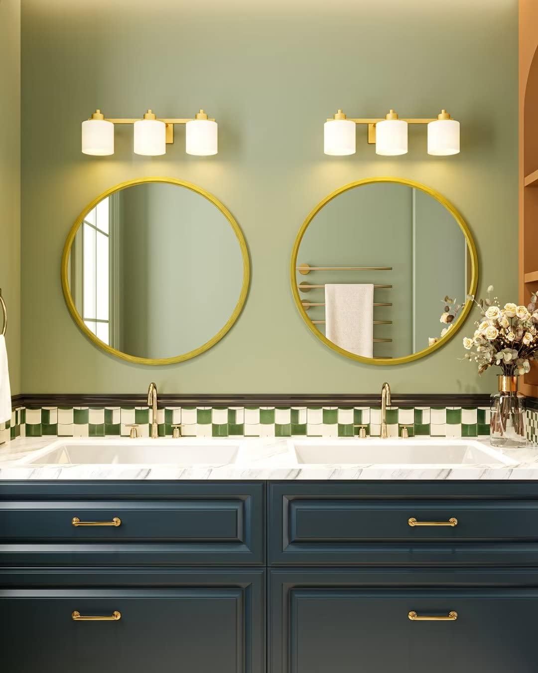 Growsun 15.7'' Retro Gold Round Mirror Circle Wall Mirror for Bathroom Vanity, Entryway Living Room with Metal Frame for Home Decor