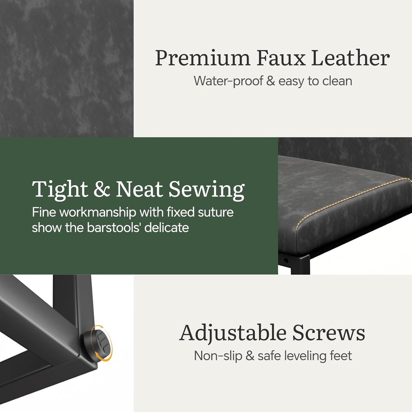 Barstools Set of 2 Grey Metal Bar Stools Modern Bar Chairs Pu Leather for Kitchen Island Counter Height Cafe Resturant Stools, 26 Inch