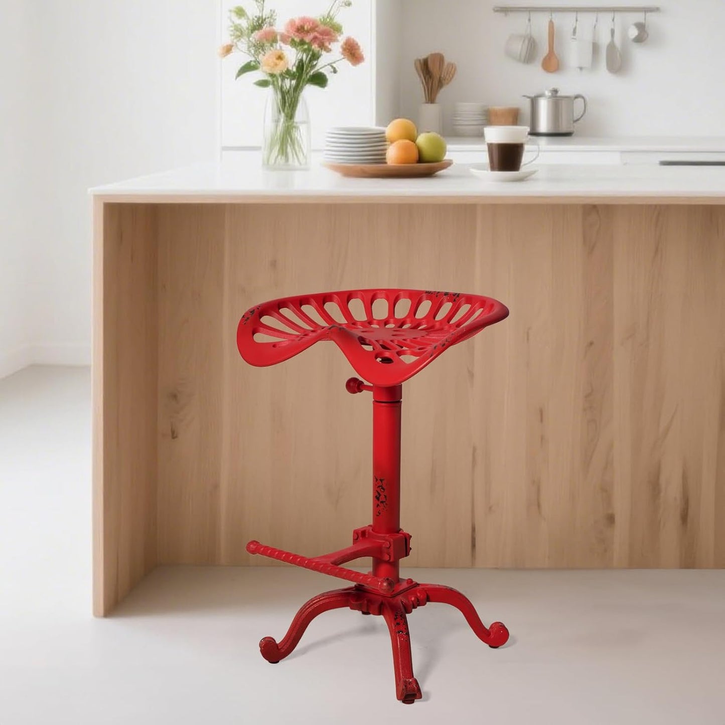 Diwhy Rustic Industrial Farmhouse Tractor Seat Adjustable Bar Stool Industrial bar Chair (Aged Red, Cast Iron)