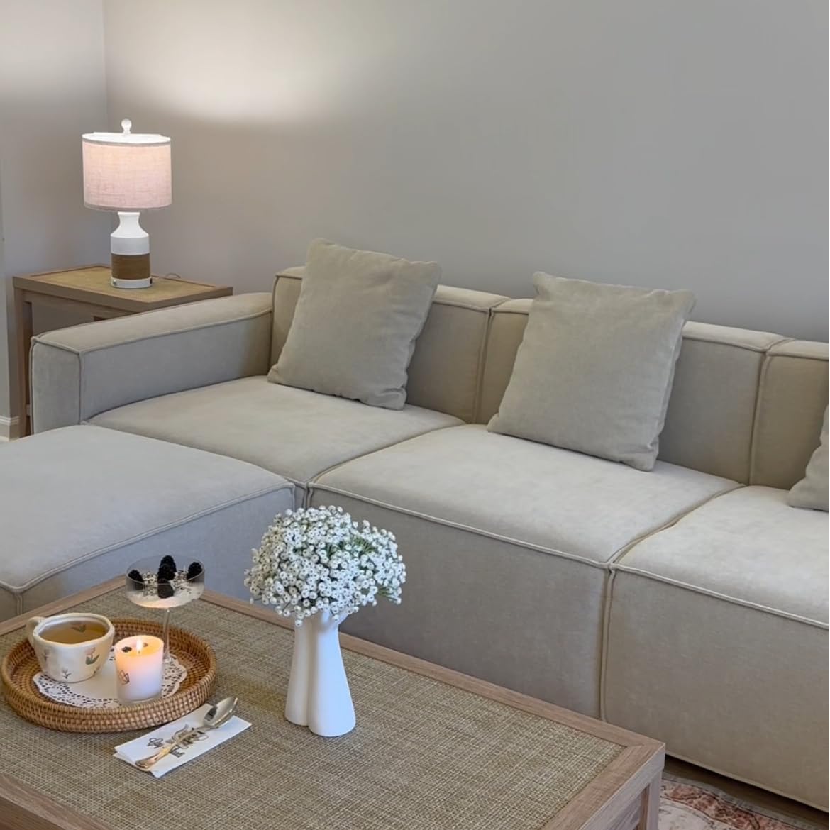 Acanva Luxury Modular Sectional Living Room Sofa Set, Modern Minimalist Style Couch with Ottoman and Chaise, L-Shape, Linen-Like Cream