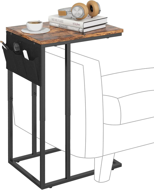 C Shaped End Table for Couch, Small Side Table for Sofa With Storage Bag, TV Tray for Living Room, Bedside Table for Bedroom, Snack End Table, Brown