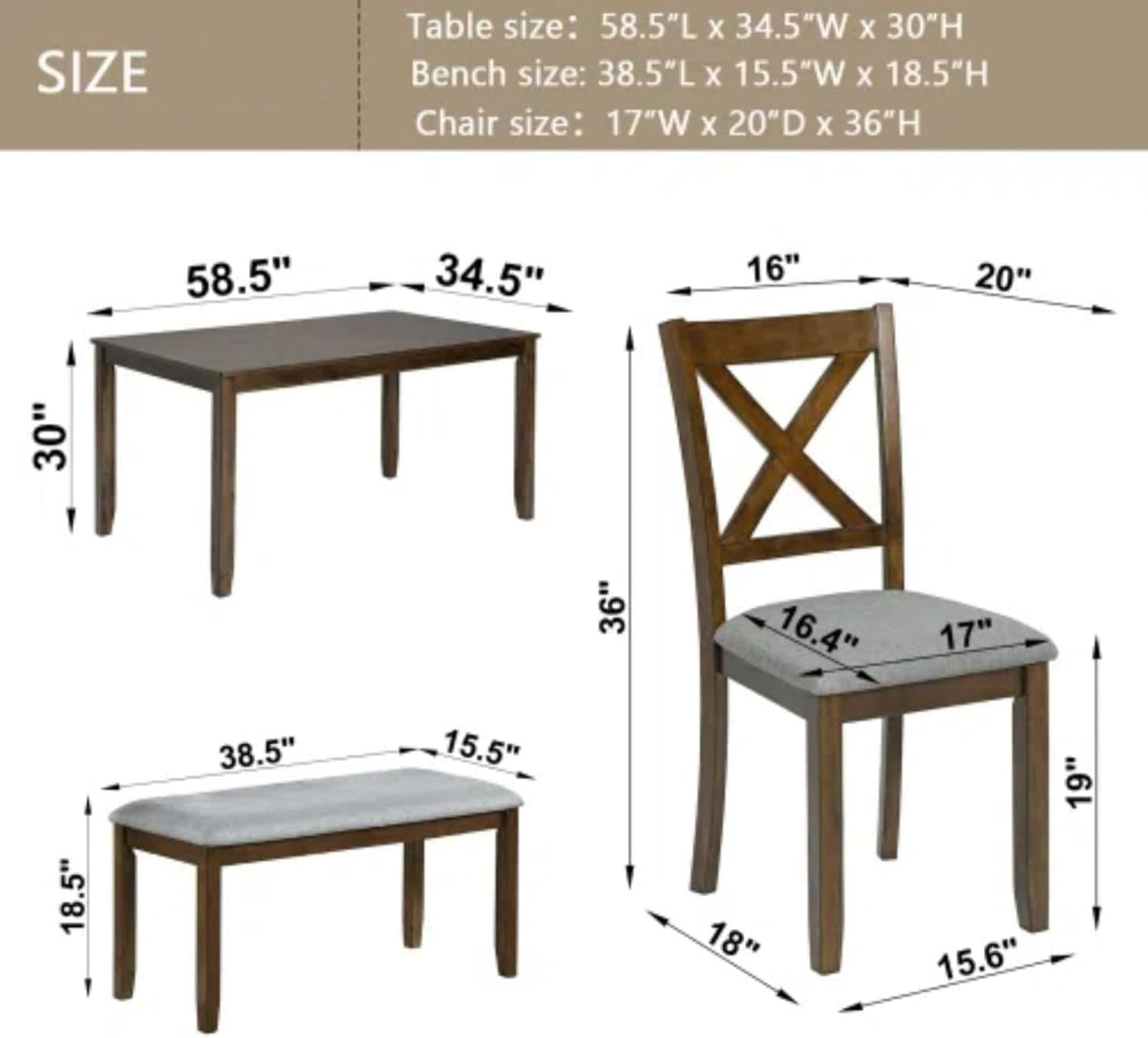 6-Piece Dining Table Set for 4-6 People, Kitchen Set with 4 Upholstered Chairs and One Bench, Living Room Chairs with X-Shape Backrest, Rectangular Wooden Table for Home Bar, Walnut