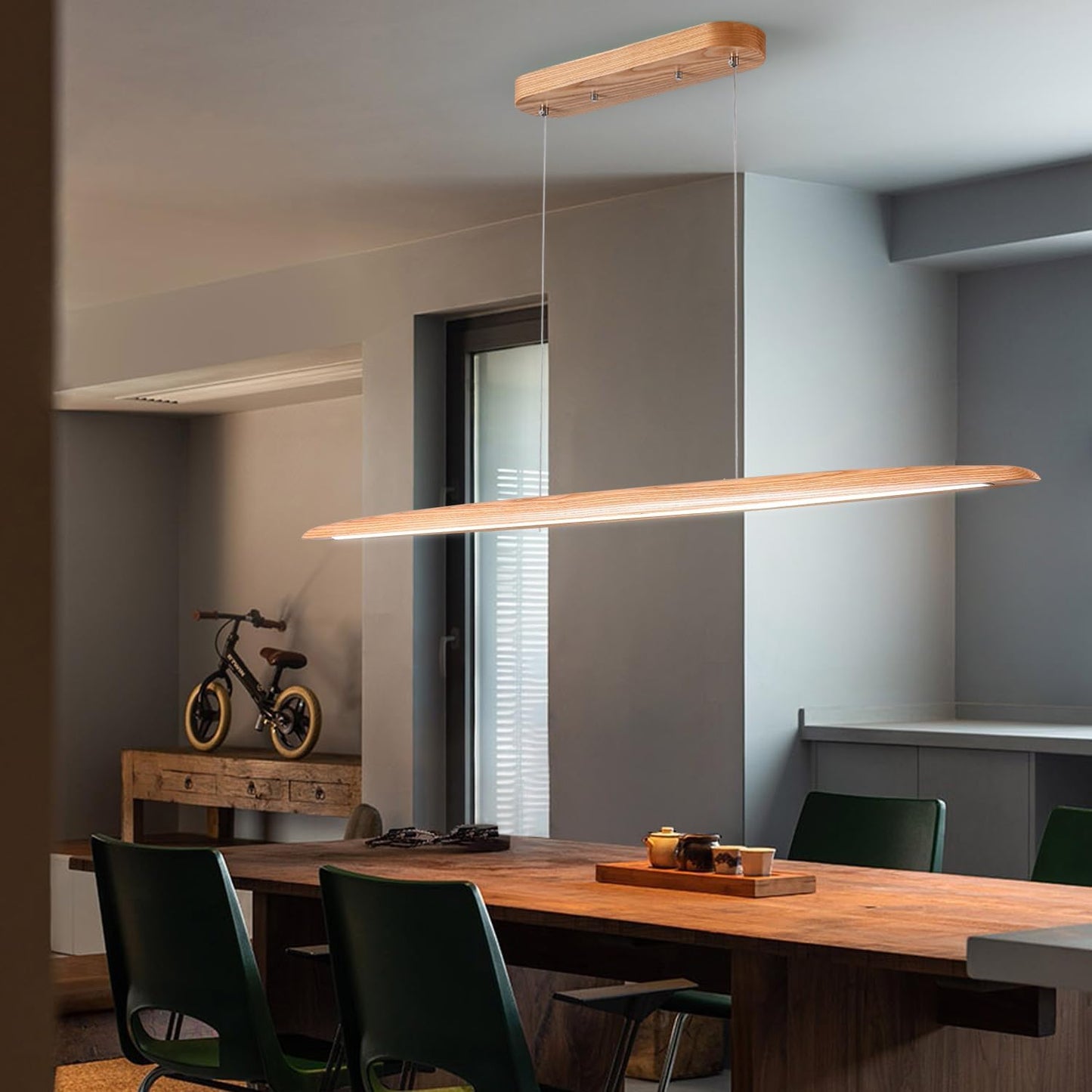 39" 24W Wood LED Linear Pendant Light Fixture Led Dining Room Light Dimmable Hanging Light Fixture for Dining Room Kitchen Island Pool Table Lights Natural Wood Color