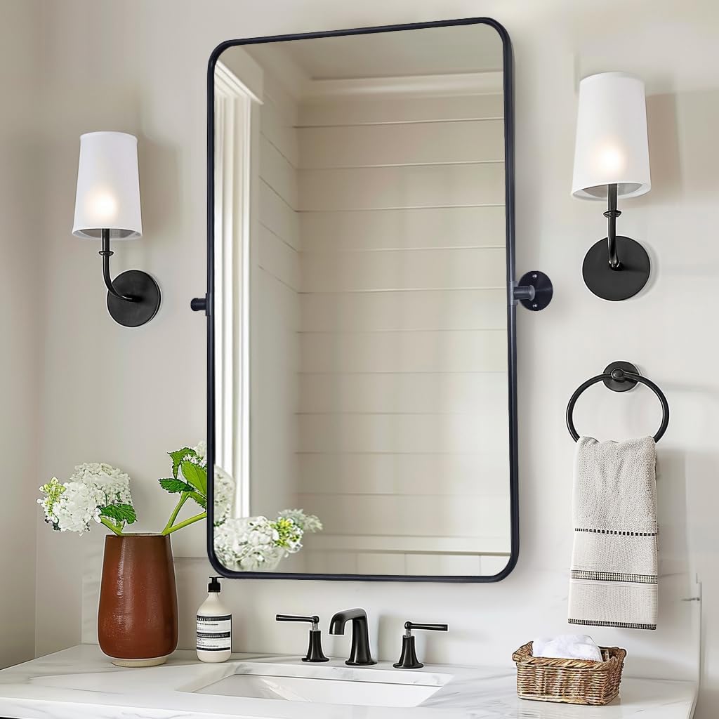 ANDY STAR Pivot Mirror, 22" x 30" Black Tilt Mirror for Bathroom with Rounded Corner Tube Metal Frame Design, Black Vanity Rectangle Bathroom Mirror for Over Sink, Hangs Vertically Farmhouse Style