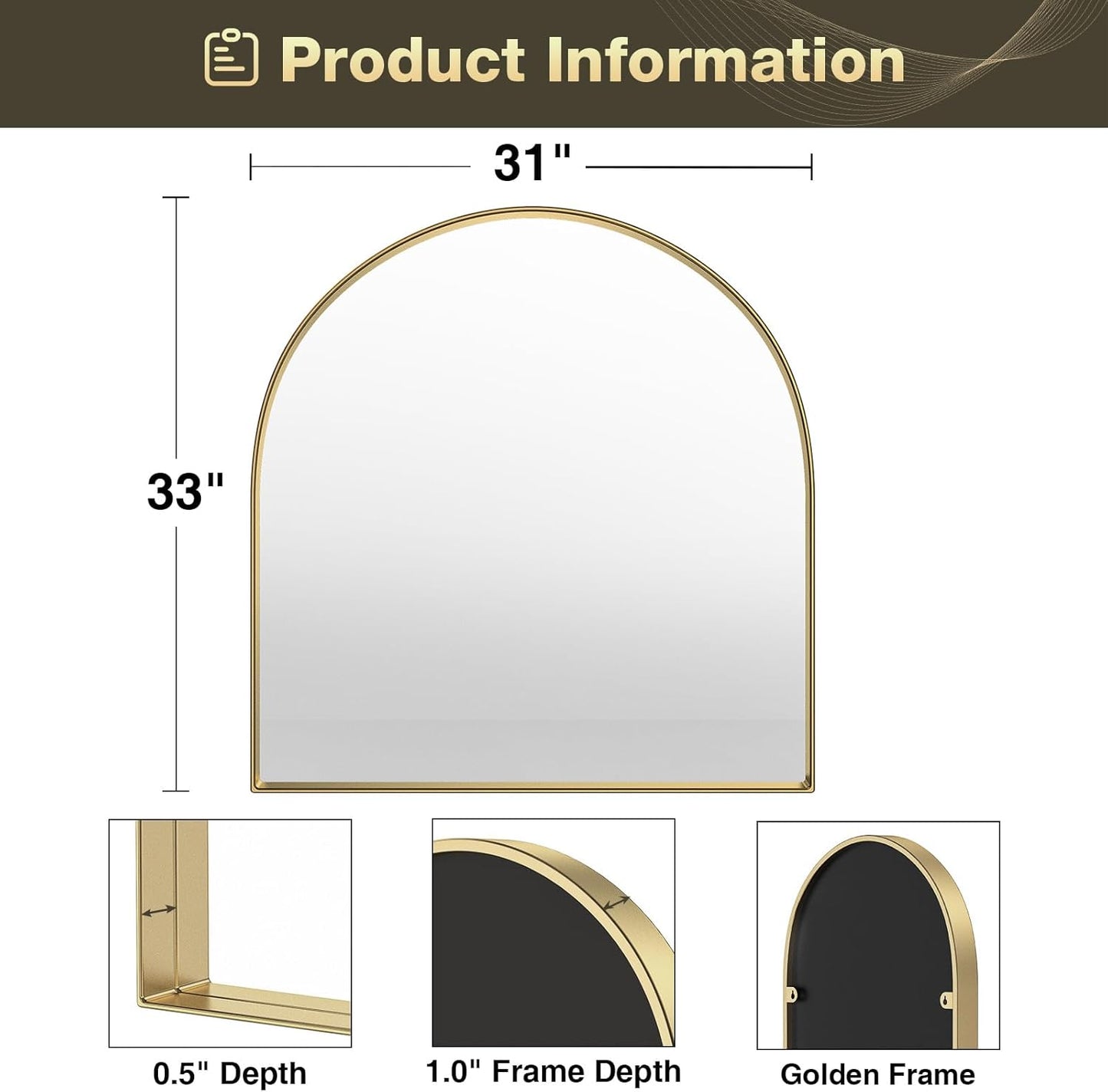 Brightify Arched Mirror, 31 x 33 Inch Gold Arch Mirror, Metal Frame Gold Arched Wall Mirror, Arched Top Bathroom Vanity Mirror for Living Room Bedroom Mantle Entryway Hallways