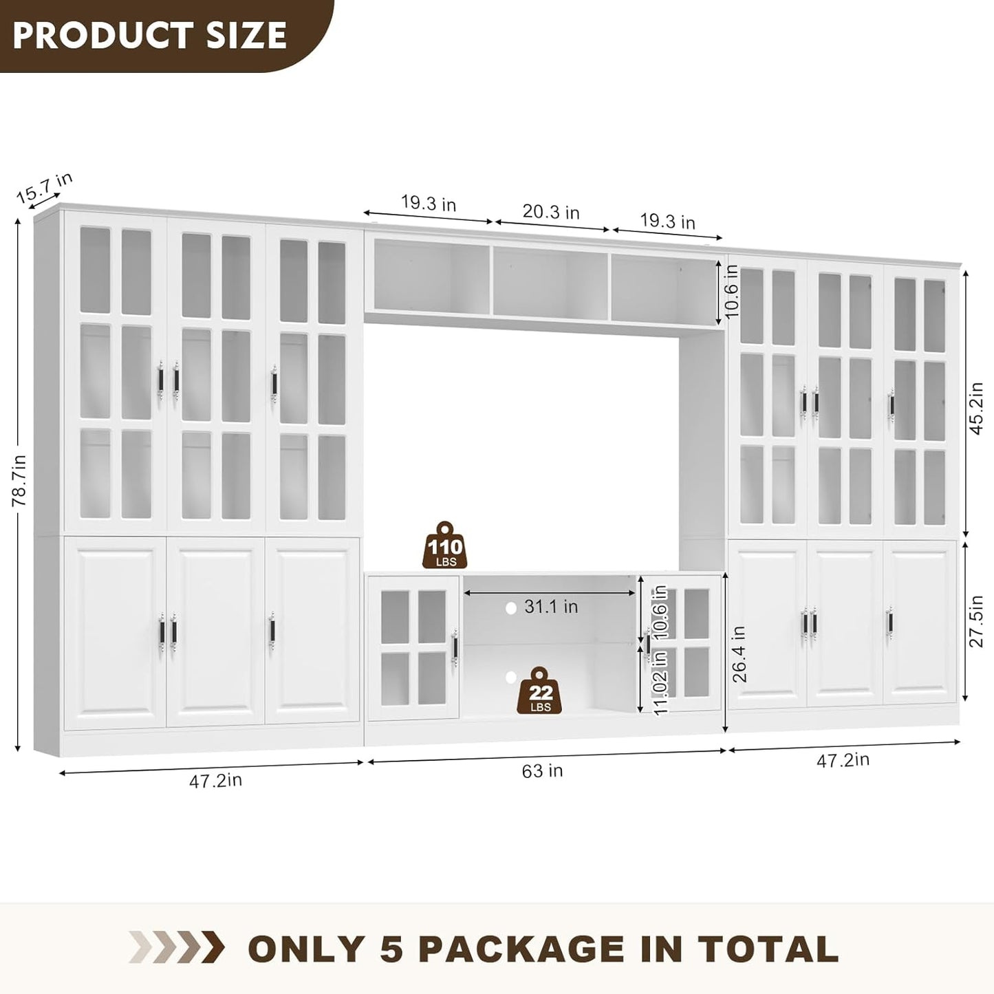 4-Piece Wall Unit TV Stand with Storage & LED Lights for TVs up to 75", Modern Entertainment Center with Bookshelves & 6-Door Pantry Cabinet, White