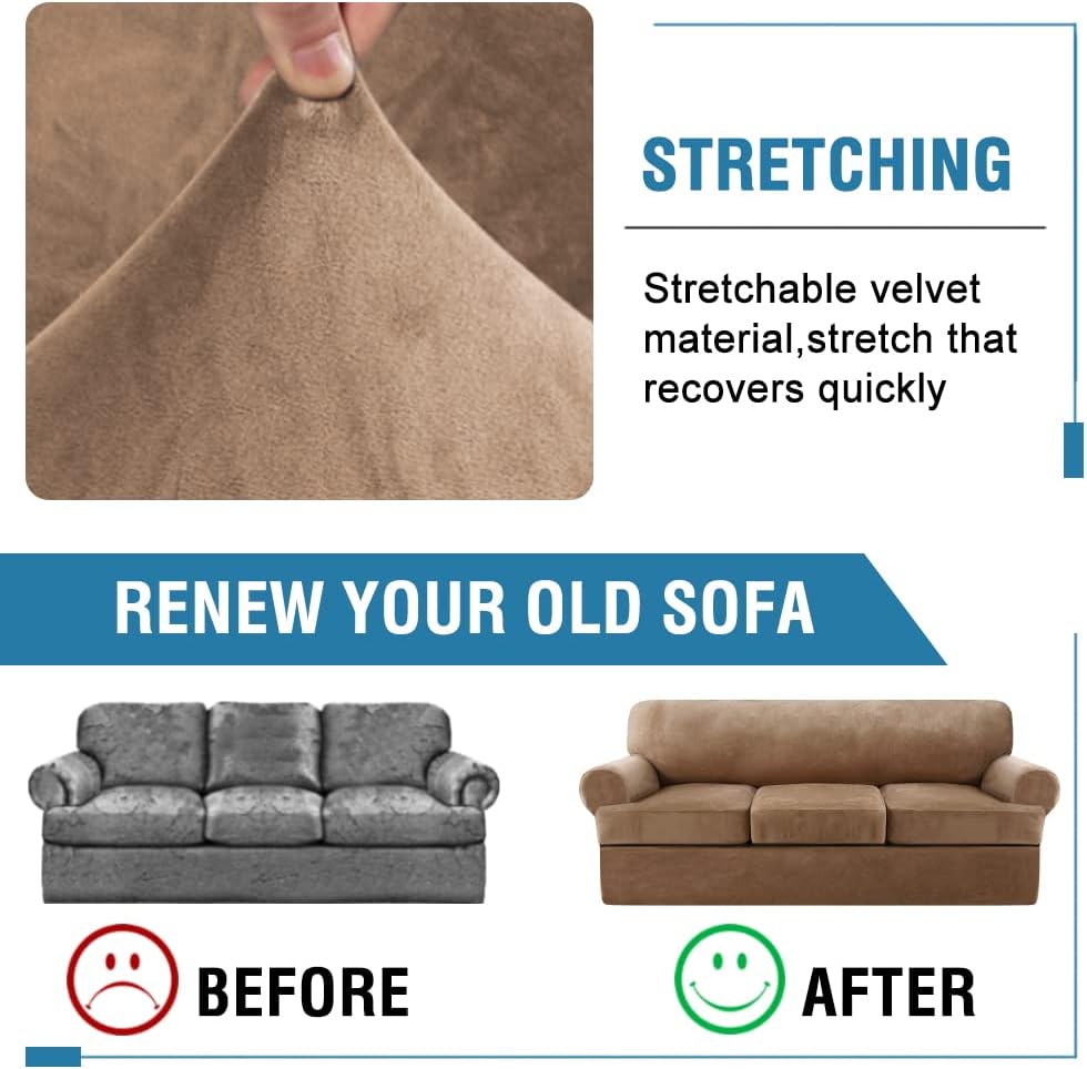 Sofa Cover 4 Piece T Cushion Sofa Slipcovers Thick Velvet Couch Cover Furniture Protector Stretch Sofa Covers for 3 Cushion Couch with 3 Individual T Cushion Covers Washable, Camel