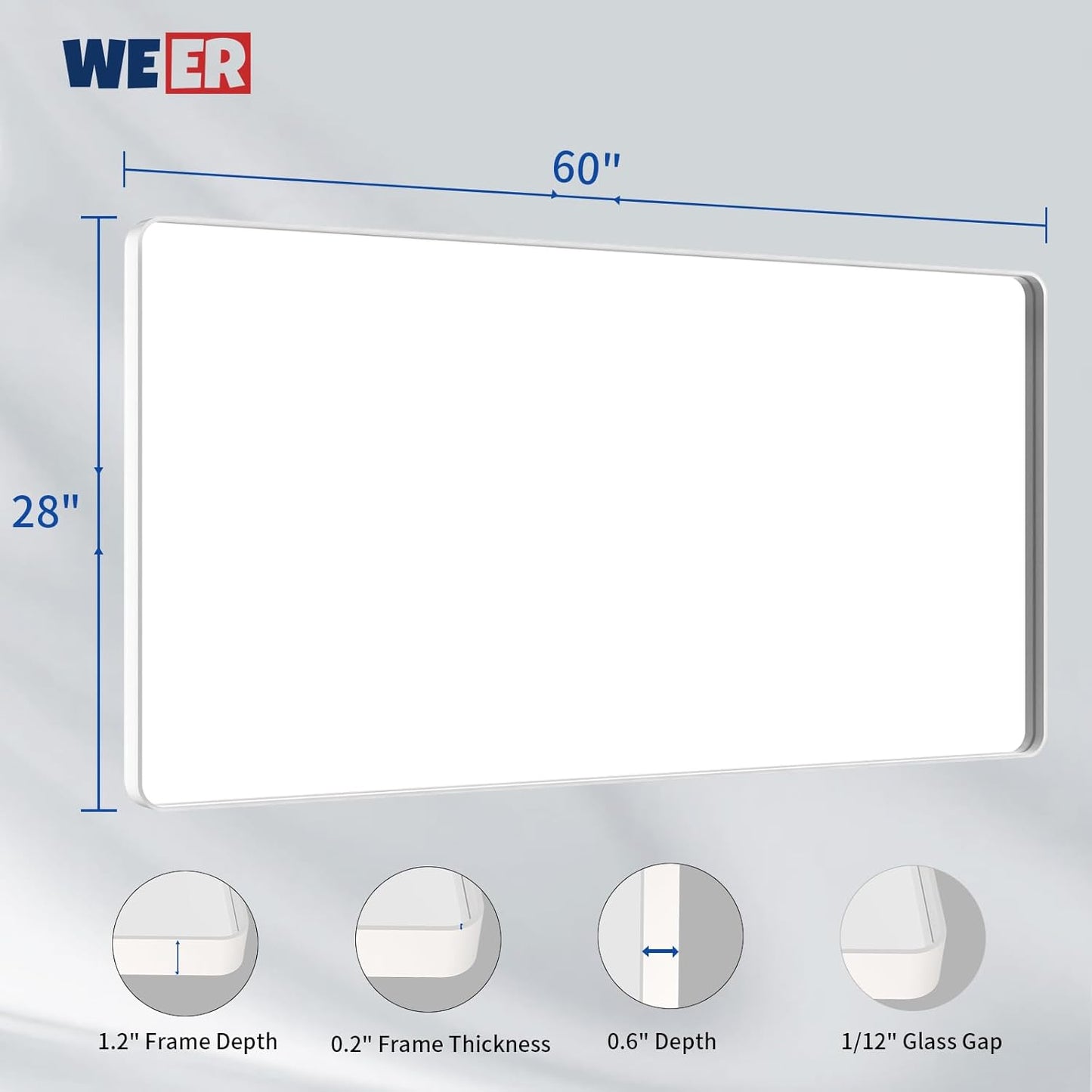 WEER White Bathroom Mirror 60X28 Inch, Rounded Rectangle White Metal Frame Mirror, Matte White Bathroom Vanity Mirror with Tempered Glass, Anti-Rust, Hangs Horizontally or Vertically