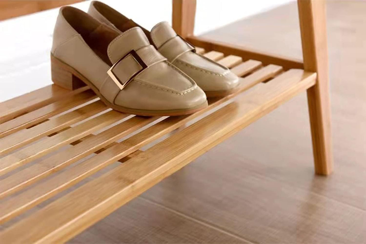 Bamboo Shoe Bench, Entryway Bench, 2 Tier Shoe Rack Bench (Nature,35.4'')