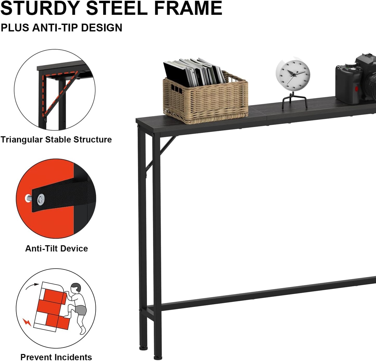 Tohomeor Skinny 5.9" Console Table 47.24" Narrow Long Sofa Table with Power Outlets USB Ports Industrial Wooden Entry Table for Entryway Living Room Hallway (L-94.4xW-5.91, Charcoal)