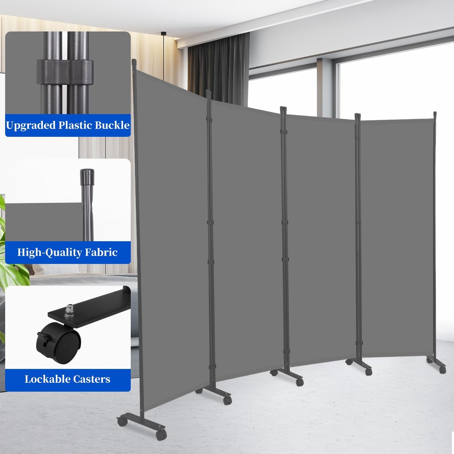 Room Divider 6FT Room Partition with Lockable Wheels,4 Panel (Thicked Metal Base) Room Dividers, Freestanding Indoor Folding Privacy Screens, Portable Fabric Wall Divider for Room Separation, Grey