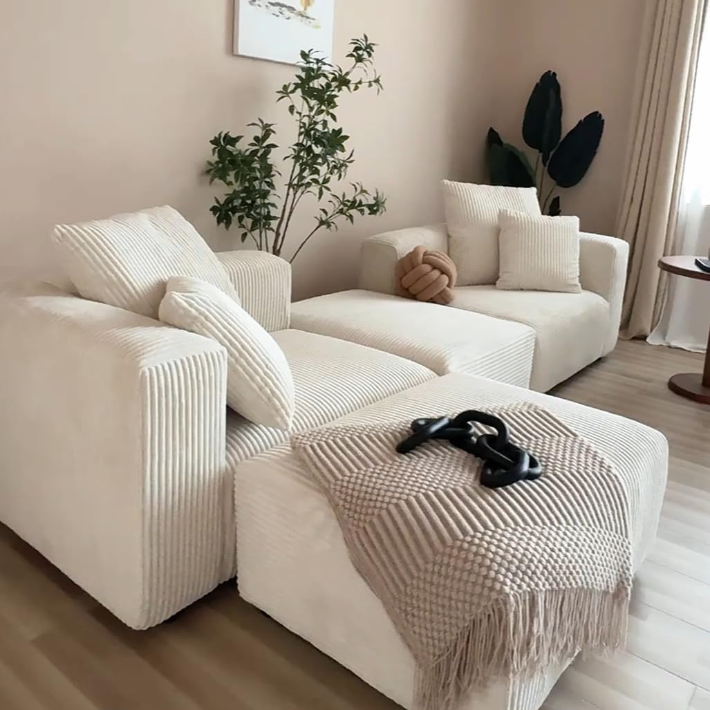 Acanva Corduroy Convertible Modular L Shaped Sectional Sofa, 4 Seater Free Combination Corner Couch, Convertible to DayBed, Wide Loveseat with Moveable Ottomans for Small Spaces, Sleeper Bed, White